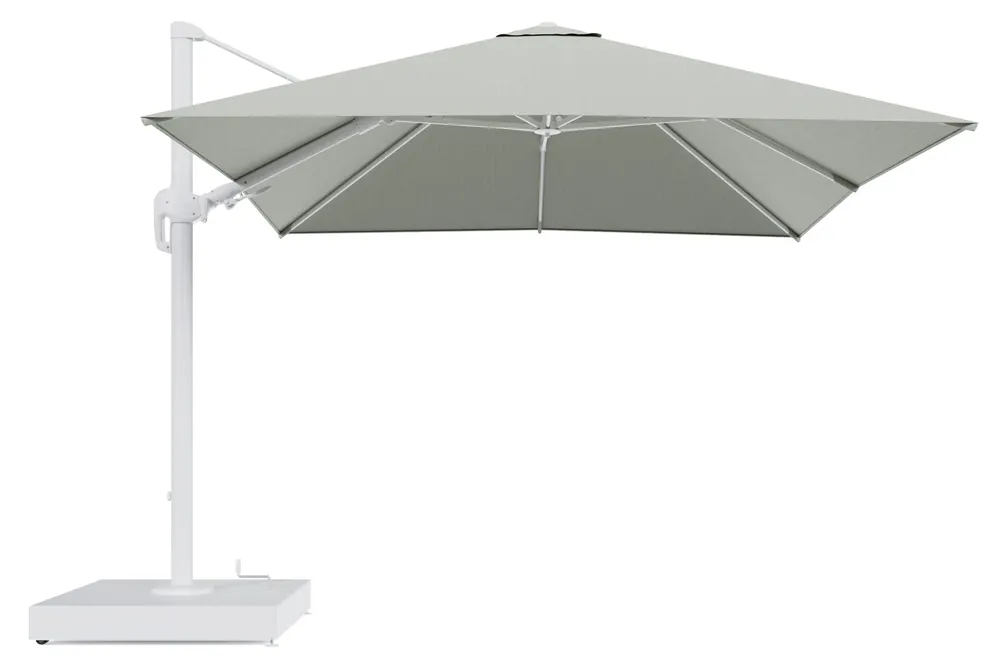 Rufina zweefparasol met tiltfunctie in wit aluminium en Slow Spirea All Weather Sunbrella® Luxe parasoldoek - L1 300 x L2 300 cm met parasolvoet Minore 260 kg met wielen Hoge Kwaliteit