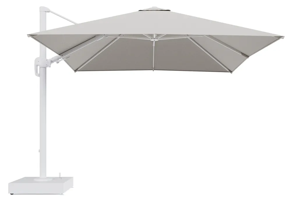 Koop Vandaag Rufina zweefparasol met tiltfunctie in wit aluminium en Firenze Natural All Weather Solica parasoldoek - L1 300 x L2 300 cm met parasolvoet Minore 150 kg met wielen
