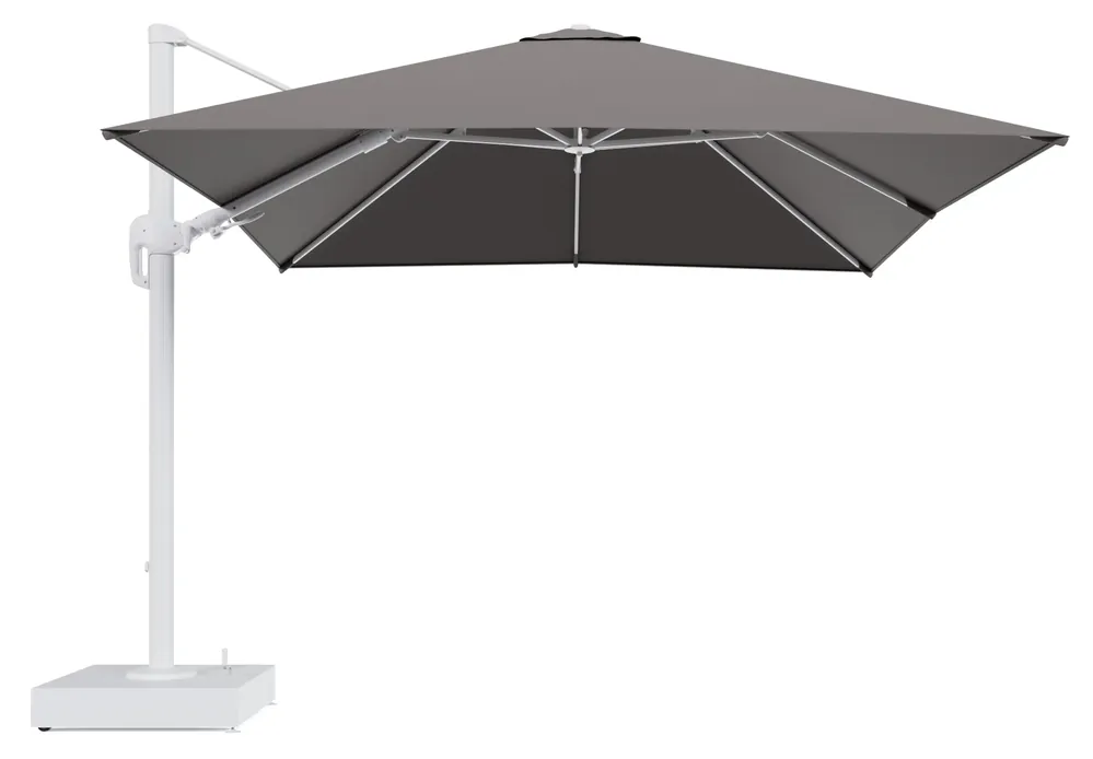 Rufina zweefparasol met tiltfunctie in wit aluminium en Natte Nature Grey All Weather Sunbrella® Luxe parasoldoek - L1 300 x L2 300 cm met parasolvoet Minore 150 kg met wielen Hoge Kwaliteit