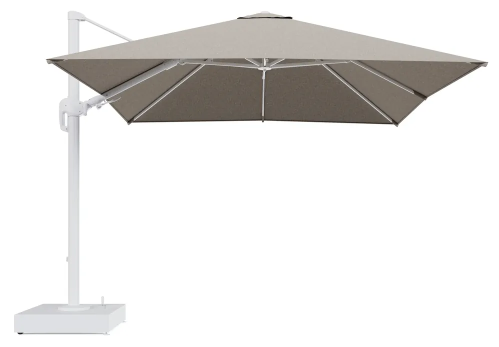 Rufina zweefparasol met tiltfunctie in wit aluminium en Chartres Pewter All Weather Sunbrella® Luxe parasoldoek - L1 300 x L2 300 cm met parasolvoet Minore 150 kg met wielen Meest Verkocht