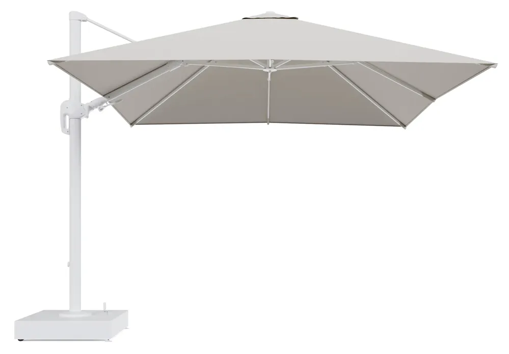 Rufina zweefparasol met tiltfunctie in wit aluminium en Lopi Marble All Weather Sunbrella® Luxe parasoldoek - L1 300 x L2 300 cm met parasolvoet Minore 150 kg met wielen Bestseller