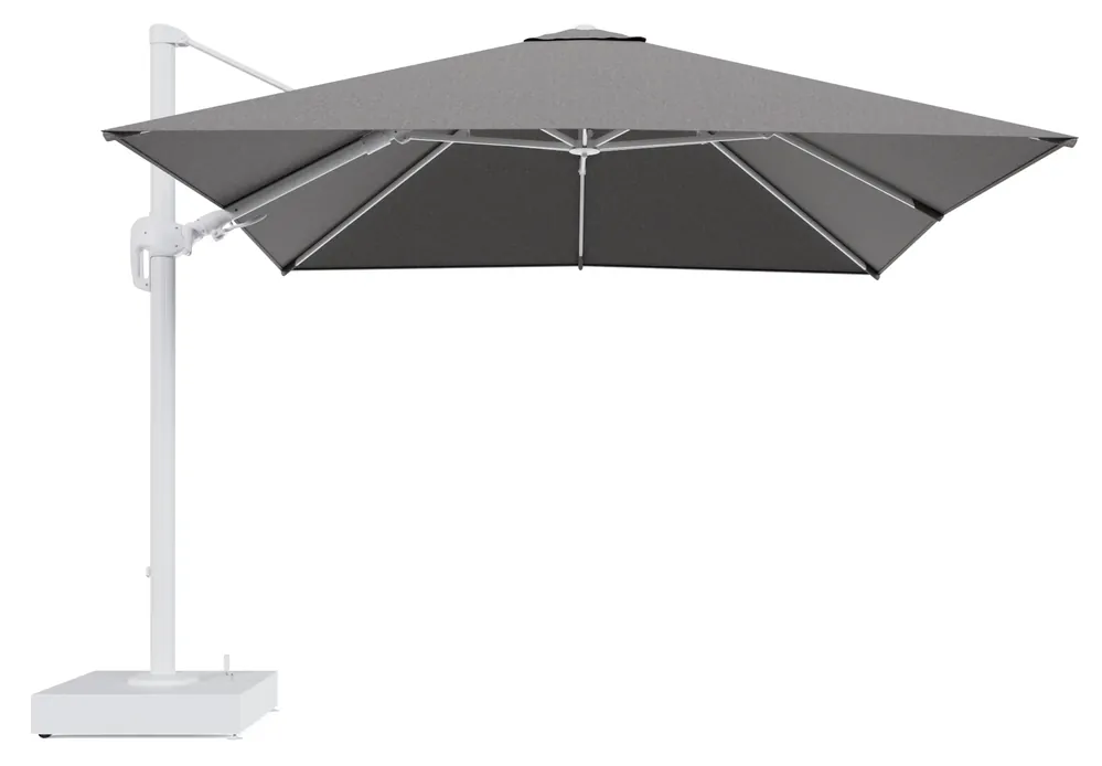 Laatste Kans Rufina zweefparasol met tiltfunctie in wit aluminium en Chartres Drizzle All Weather Sunbrella® Luxe parasoldoek - L1 300 x L2 300 cm met parasolvoet Minore 150 kg met wielen