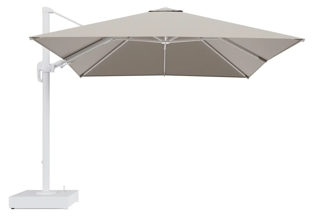 Rufina zweefparasol met tiltfunctie in wit aluminium en Heritage Ash All Weather Sunbrella® Luxe parasoldoek - L1 300 x L2 300 cm met parasolvoet Minore 150 kg met wielen Speciale Aanbieding