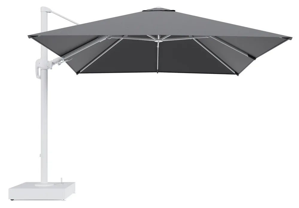 Rufina zweefparasol met tiltfunctie in wit aluminium en Heritage Slate All Weather Sunbrella® Luxe parasoldoek - L1 300 x L2 300 cm met parasolvoet Minore 150 kg met wielen Merkproduct