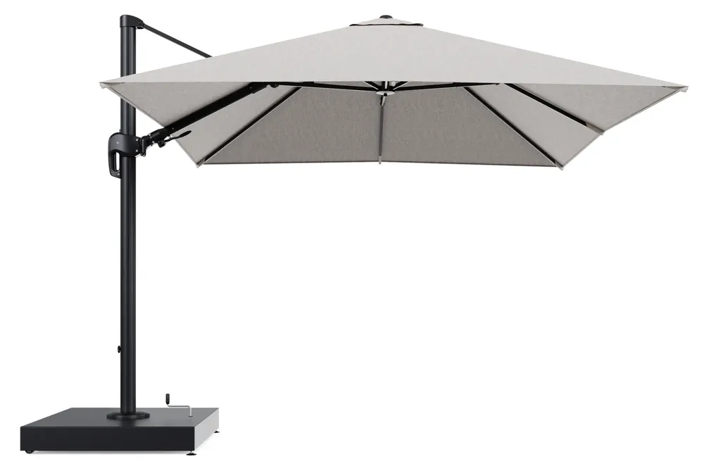 Rufina zweefparasol met tiltfunctie in zwart aluminium en Tundra Sand All Weather Sunbrella® Luxe parasoldoek - L1 300 x L2 300 cm met parasolvoet Minore 260 kg met wielen Nu Kopen
