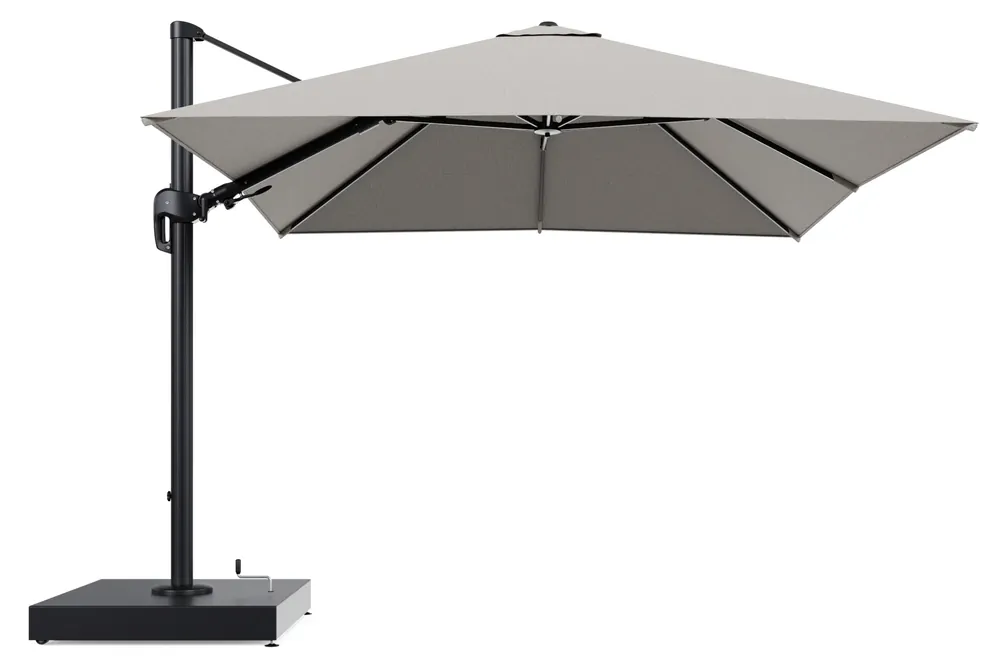 Rufina zweefparasol met tiltfunctie in zwart aluminium en Firenze Sand All Weather Solica parasoldoek - L1 300 x L2 300 cm met parasolvoet Minore 260 kg met wielen Favoriet