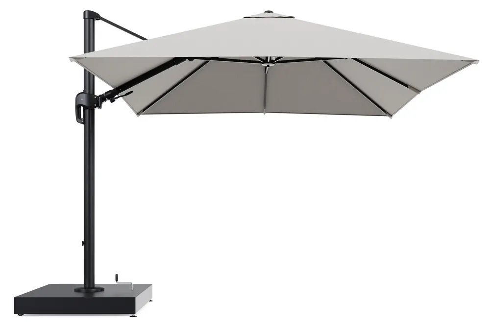 Beperkte Voorraad Rufina zweefparasol met tiltfunctie in zwart aluminium en Firenze Natural All Weather Solica parasoldoek - L1 300 x L2 300 cm met parasolvoet Minore 260 kg met wielen