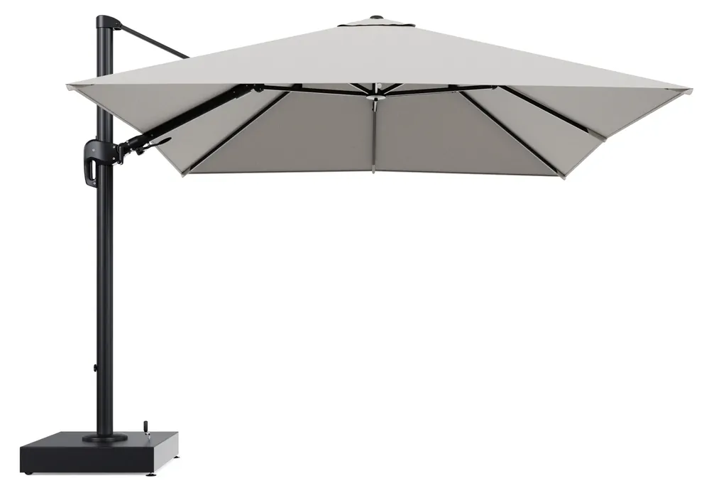 Rufina zweefparasol met tiltfunctie in zwart aluminium en Firenze Natural All Weather Solica parasoldoek - L1 300 x L2 300 cm met parasolvoet Minore 150 kg met wielen Hete Deal