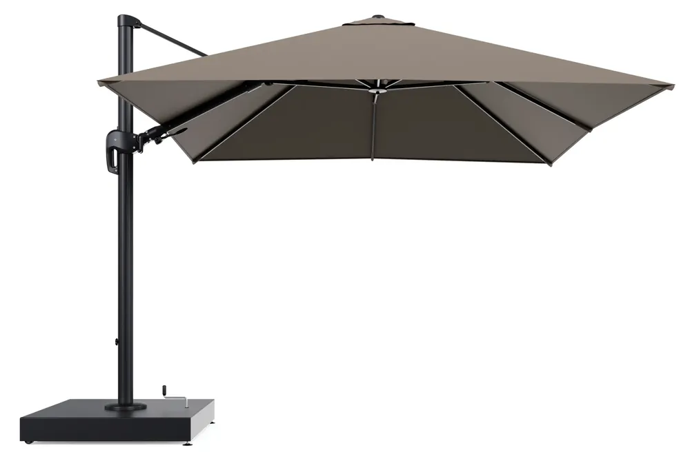 Rufina zweefparasol met tiltfunctie in zwart aluminium en Natte Heather Grey All Weather Sunbrella® Luxe parasoldoek - L1 300 x L2 300 cm met parasolvoet Minore 260 kg met wielen Betrouwbaar
