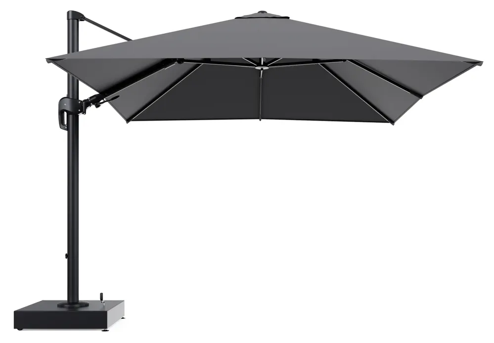 Betaalbaar Rufina zweefparasol met tiltfunctie in zwart aluminium en Natte Charcoal Chine All Weather Sunbrella® Luxe parasoldoek - L1 300 x L2 300 cm met parasolvoet Minore 150 kg met wielen
