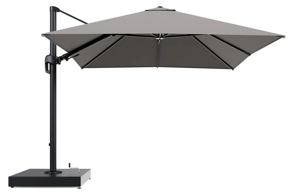 Premium Rufina zweefparasol met tiltfunctie in zwart aluminium en Lopi Silver All Weather Sunbrella® Luxe parasoldoek - L1 300 x L2 300 cm met parasolvoet Minore 260 kg met wielen
