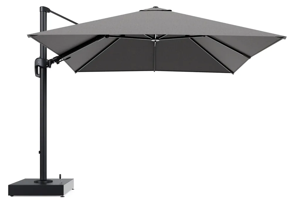 Seizoensaanbieding Rufina zweefparasol met tiltfunctie in zwart aluminium en Chartres Drizzle All Weather Sunbrella® Luxe parasoldoek - L1 300 x L2 300 cm met parasolvoet Minore 150 kg met wielen