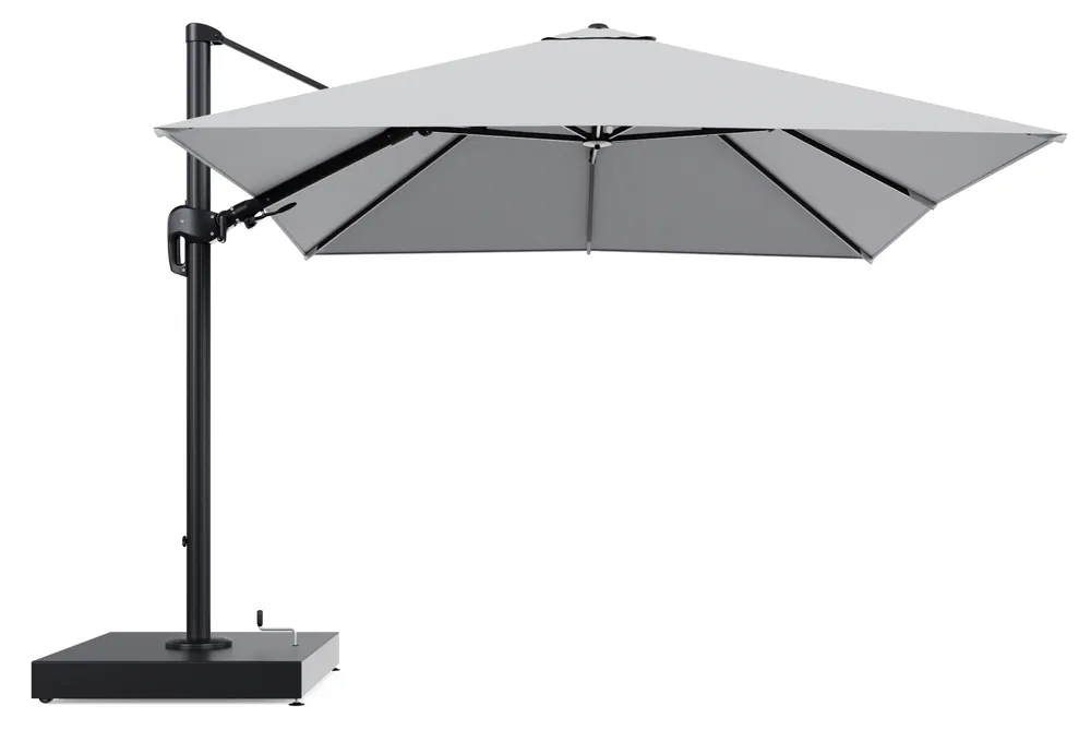Lage Kosten Rufina zweefparasol met tiltfunctie in zwart aluminium en Lopi Ash All Weather Sunbrella® Luxe parasoldoek - L1 300 x L2 300 cm met parasolvoet Minore 260 kg met wielen