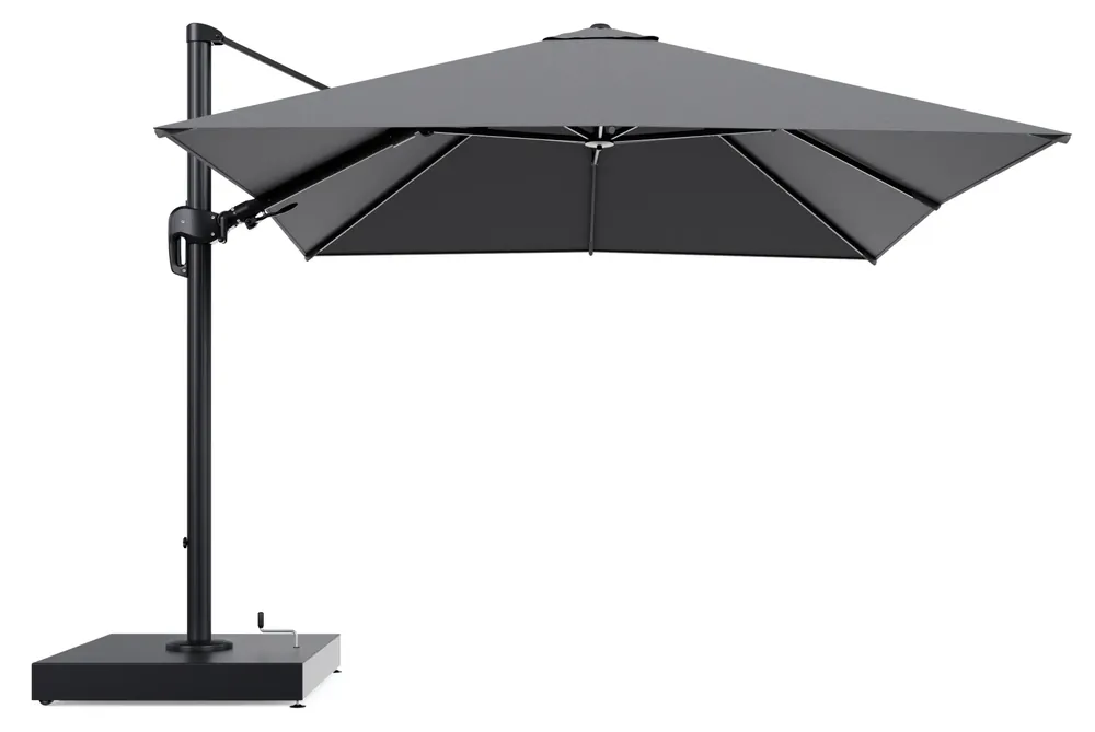 Rufina zweefparasol met tiltfunctie in zwart aluminium en Heritage Slate All Weather Sunbrella® Luxe parasoldoek - L1 300 x L2 300 cm met parasolvoet Minore 260 kg met wielen Nieuw