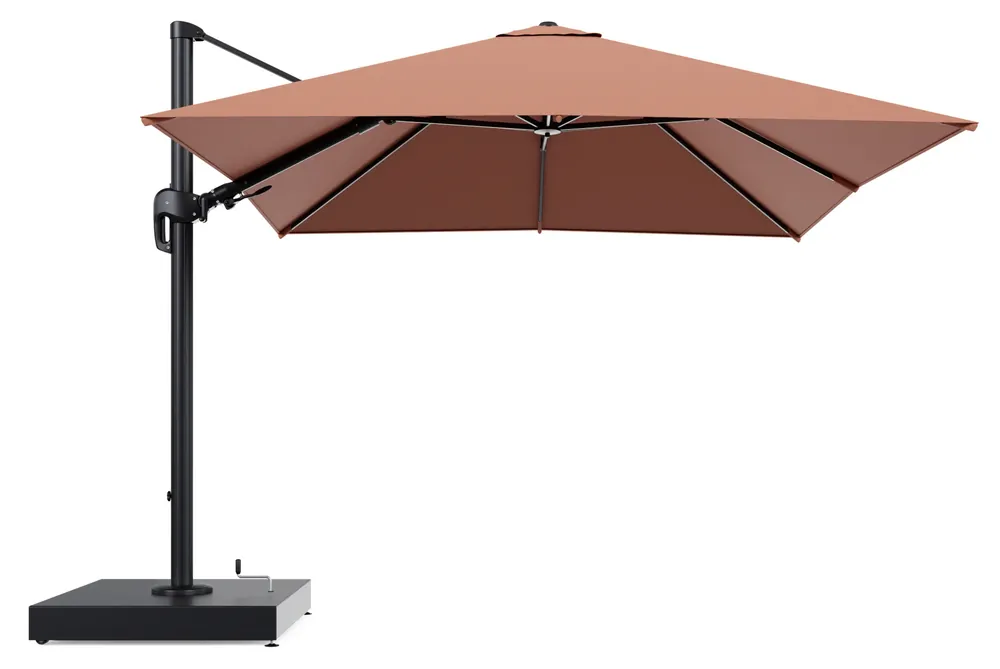 Rufina zweefparasol met tiltfunctie in zwart aluminium en Heritage Rust All Weather Sunbrella® Luxe parasoldoek - L1 300 x L2 300 cm met parasolvoet Minore 260 kg met wielen Flitsaanbieding