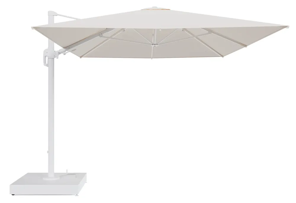 Rufina zweefparasol met tiltfunctie in wit aluminium en Natte Linen Chalk All Weather Sunbrella® Luxe parasoldoek - L1 400 x L2 300 cm met parasolvoet Minore 260 kg met wielen Gecertificeerd
