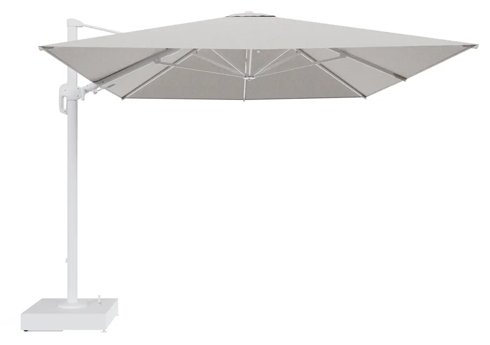 Express Levering Rufina zweefparasol met tiltfunctie in wit aluminium en Tundra Sand All Weather Sunbrella® Luxe parasoldoek - L1 400 x L2 300 cm met parasolvoet Minore 150 kg met wielen