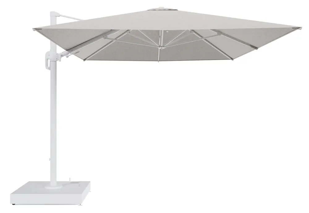 Hoge Kwaliteit Rufina zweefparasol met tiltfunctie in wit aluminium en Tundra Sand All Weather Sunbrella® Luxe parasoldoek - L1 400 x L2 300 cm met parasolvoet Minore 260 kg met wielen