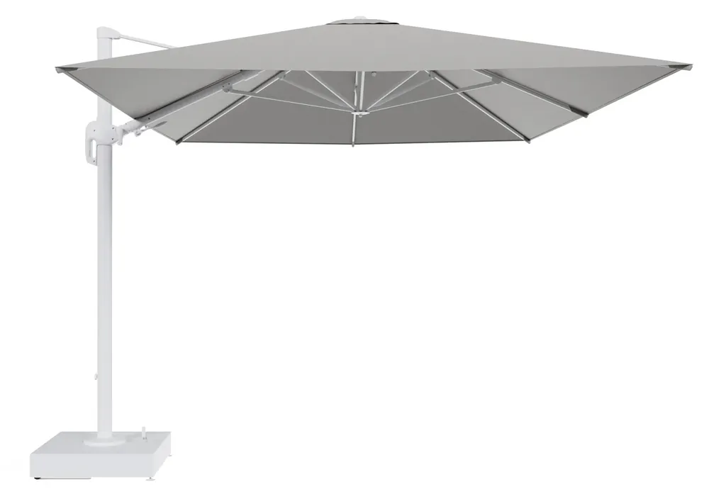Rufina zweefparasol met tiltfunctie in wit aluminium en Savane Tunder All Weather Sunbrella® Luxe parasoldoek - L1 400 x L2 300 cm met parasolvoet Minore 150 kg met wielen Op = Op