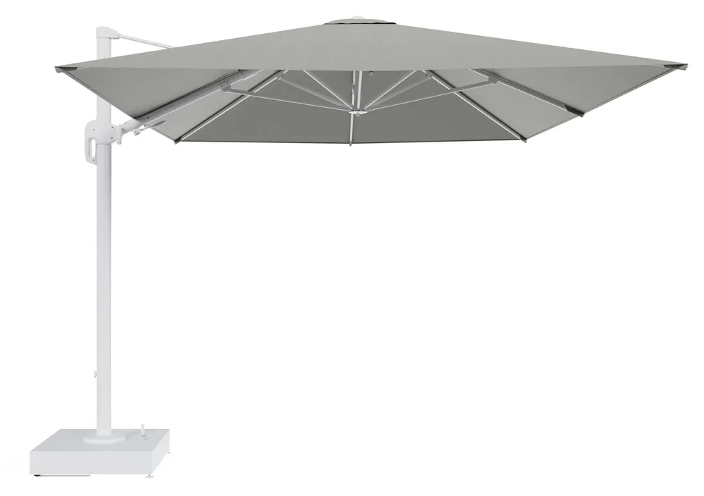 Merkproduct Rufina zweefparasol met tiltfunctie in wit aluminium en Savane Leaf All Weather Sunbrella® Luxe parasoldoek - L1 400 x L2 300 cm met parasolvoet Minore 150 kg met wielen