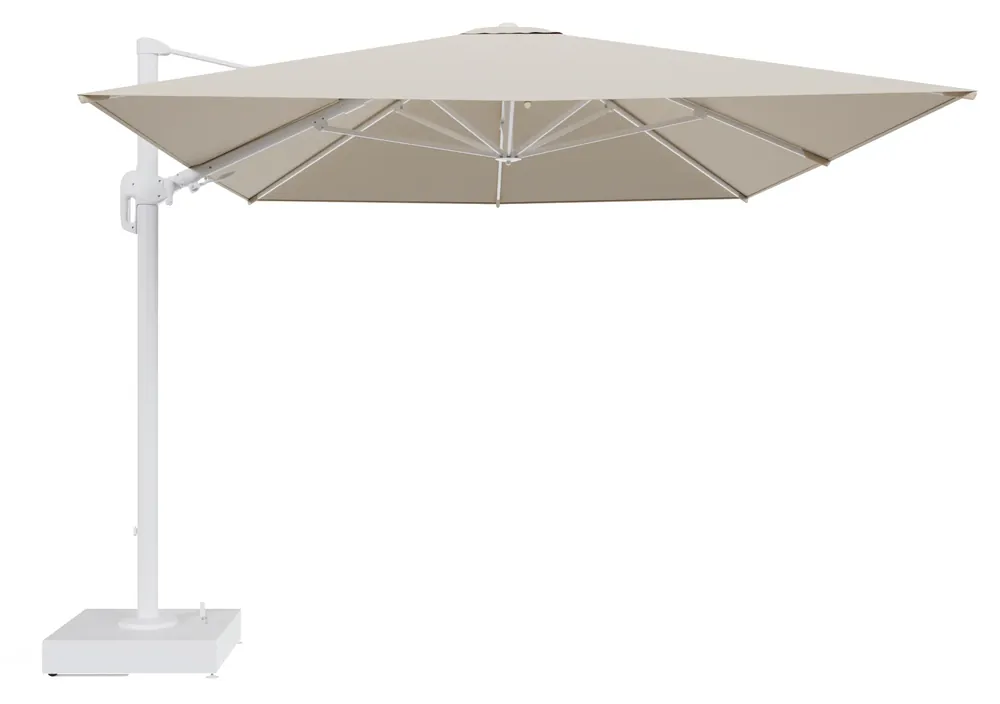 Rufina zweefparasol met tiltfunctie in wit aluminium en Soul Papyrus All Weather Solica parasoldoek - L1 400 x L2 300 cm met parasolvoet Minore 150 kg met wielen Flitsaanbieding