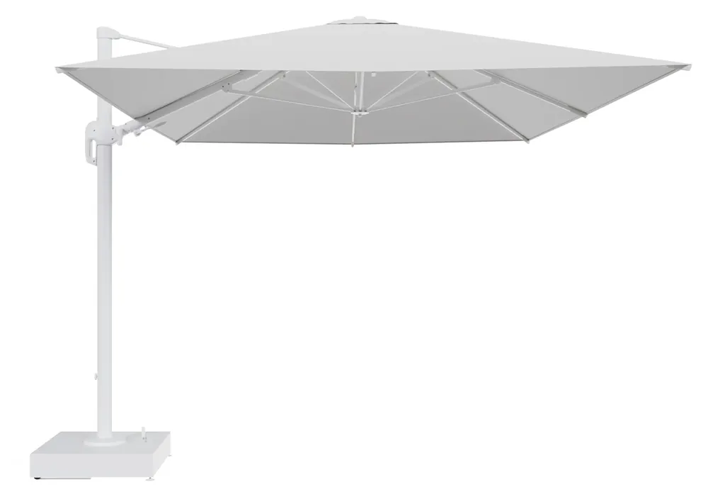 Rufina zweefparasol met tiltfunctie in wit aluminium en Ego Birch All Weather Solica parasoldoek - L1 400 x L2 300 cm met parasolvoet Minore 150 kg met wielen Speciale Aanbieding