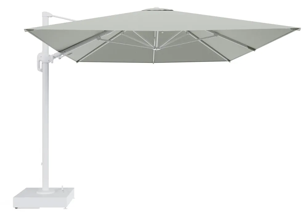 Rufina zweefparasol met tiltfunctie in wit aluminium en Slow Spirea All Weather Sunbrella® Luxe parasoldoek - L1 400 x L2 300 cm met parasolvoet Minore 150 kg met wielen Veilige Betaling