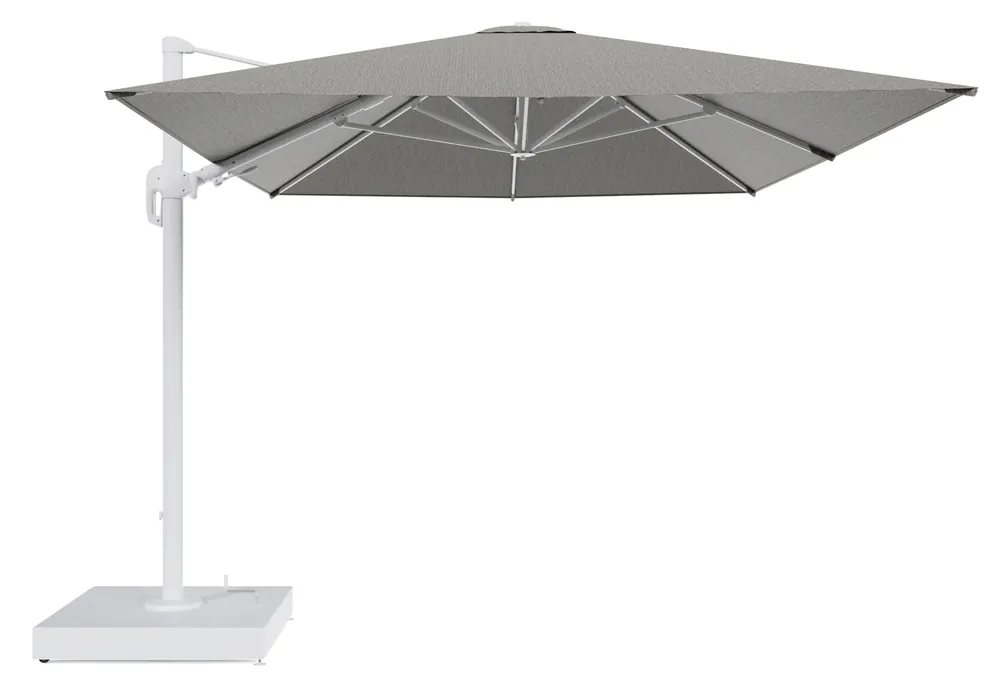 Hete Deal Rufina zweefparasol met tiltfunctie in wit aluminium en Slow Fern All Weather Sunbrella® Luxe parasoldoek - L1 400 x L2 300 cm met parasolvoet Minore 260 kg met wielen