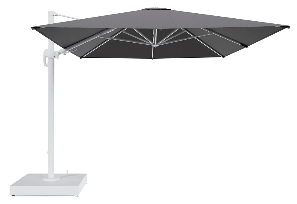 Rufina zweefparasol met tiltfunctie in wit aluminium en Firenze Tunder All Weather Solica parasoldoek - L1 400 x L2 300 cm met parasolvoet Minore 260 kg met wielen Premium