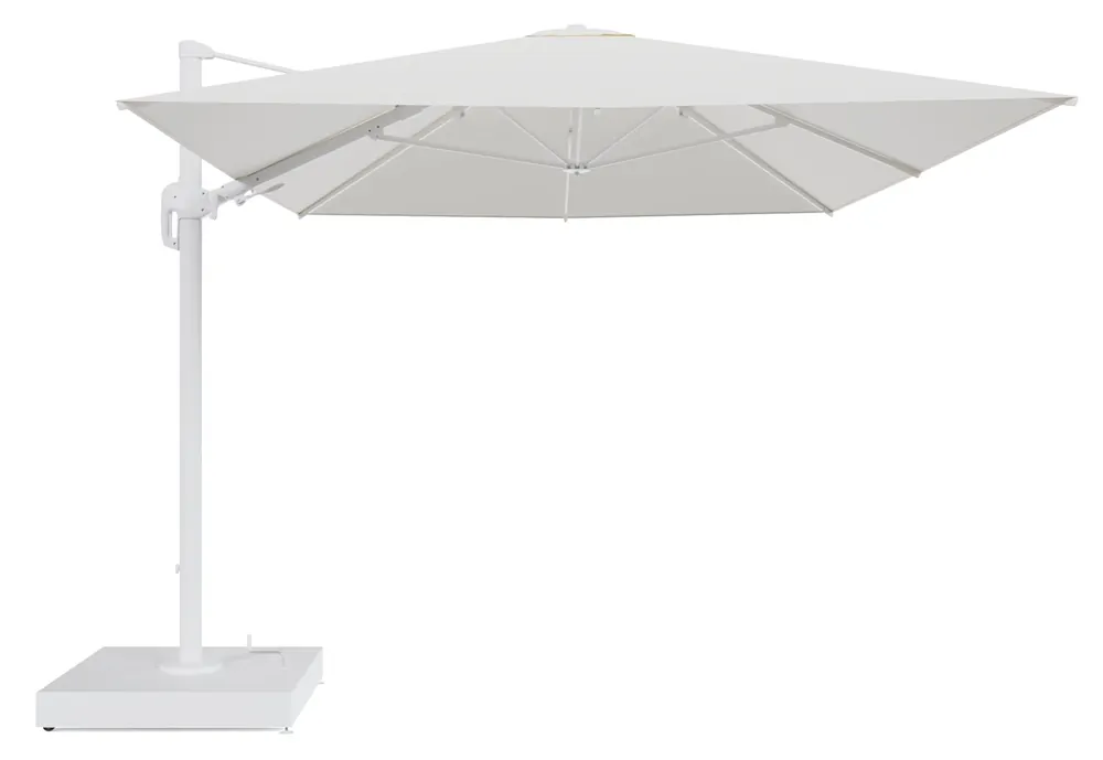 Rufina zweefparasol met tiltfunctie in wit aluminium en Natte White All Weather Sunbrella® Luxe parasoldoek - L1 400 x L2 300 cm met parasolvoet Minore 260 kg met wielen Direct Beschikbaar