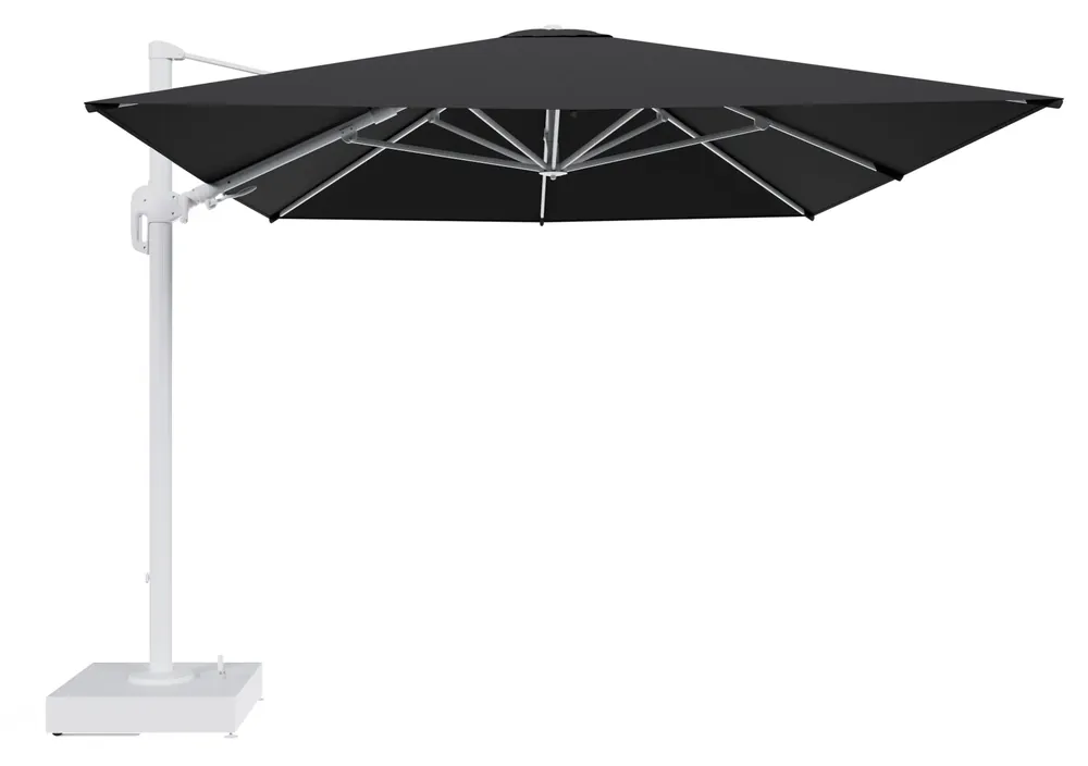 Tijdelijk Beschikbaar Rufina zweefparasol met tiltfunctie in wit aluminium en Natte Sooty All Weather Sunbrella® Luxe parasoldoek - L1 400 x L2 300 cm met parasolvoet Minore 150 kg met wielen