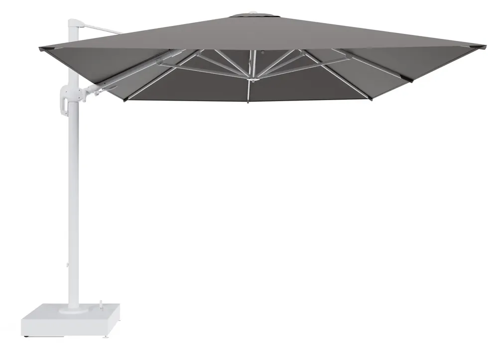 Rufina zweefparasol met tiltfunctie in wit aluminium en Natte Nature Grey All Weather Sunbrella® Luxe parasoldoek - L1 400 x L2 300 cm met parasolvoet Minore 150 kg met wielen Koop Vandaag
