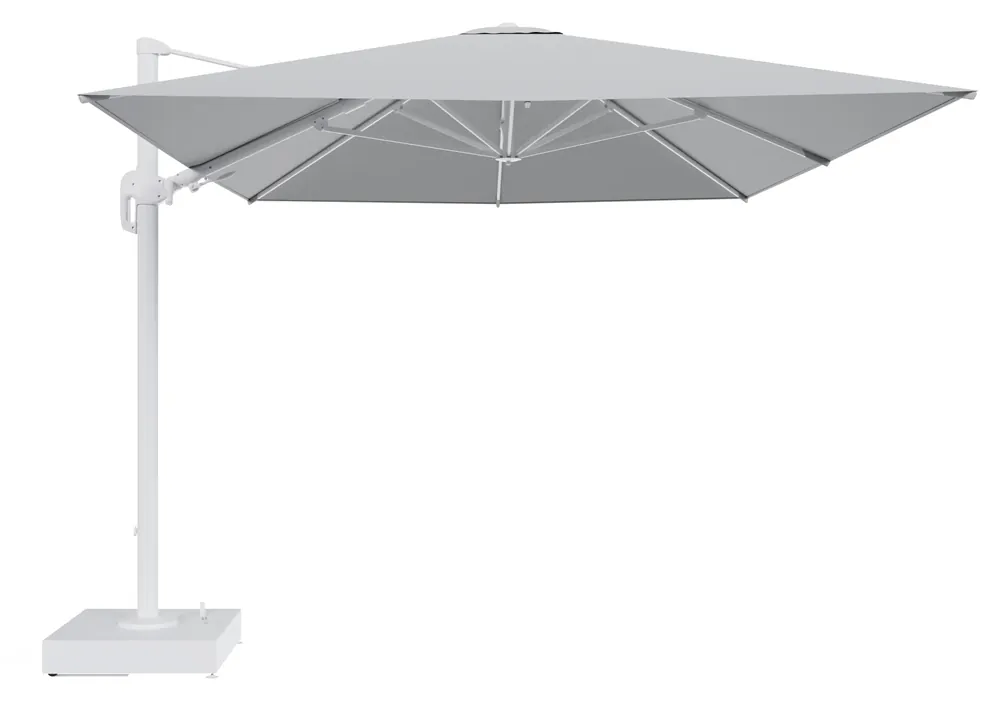 Gereduceerde Prijs Rufina zweefparasol met tiltfunctie in wit aluminium en Natte Grey Chine All Weather Sunbrella® Luxe parasoldoek - L1 400 x L2 300 cm met parasolvoet Minore 150 kg met wielen