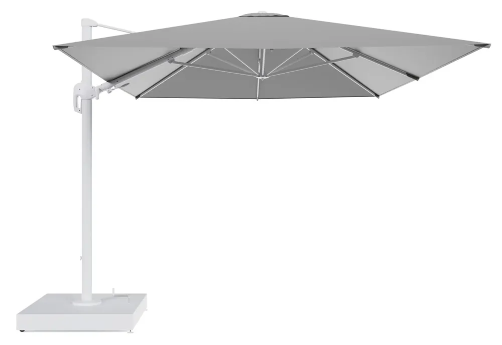 Fabrieksprijs Rufina zweefparasol met tiltfunctie in wit aluminium en Savane Zinc All Weather Sunbrella® Luxe parasoldoek - L1 400 x L2 300 cm met parasolvoet Minore 260 kg met wielen