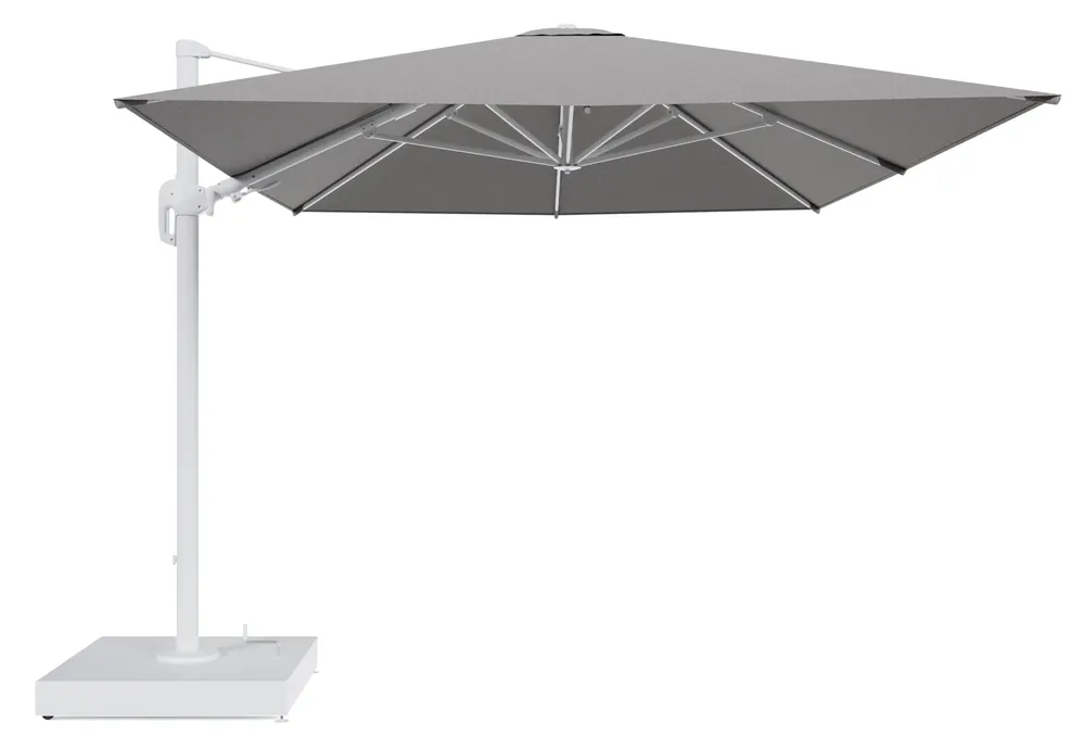 Rufina zweefparasol met tiltfunctie in wit aluminium en Tundra Charcoal All Weather Sunbrella® Luxe parasoldoek - L1 400 x L2 300 cm met parasolvoet Minore 260 kg met wielen Laatste Versie