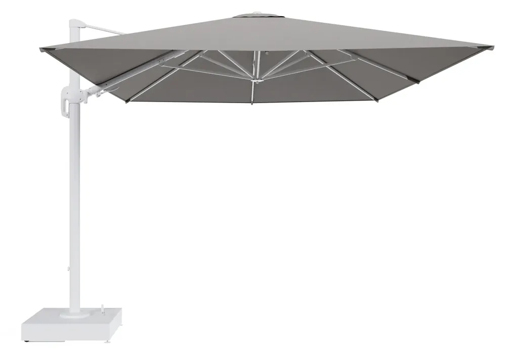 Rufina zweefparasol met tiltfunctie in wit aluminium en Lopi Silver All Weather Sunbrella® Luxe parasoldoek - L1 400 x L2 300 cm met parasolvoet Minore 150 kg met wielen Shop Nu