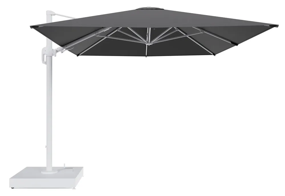 Rufina zweefparasol met tiltfunctie in wit aluminium en Lopi Shadow All Weather Sunbrella® Luxe parasoldoek - L1 400 x L2 300 cm met parasolvoet Minore 260 kg met wielen Fabrieksprijs
