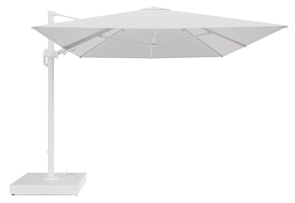 Rufina zweefparasol met tiltfunctie in wit aluminium en Lopi Snow All Weather Sunbrella® Luxe parasoldoek - L1 400 x L2 300 cm met parasolvoet Minore 260 kg met wielen Op = Op