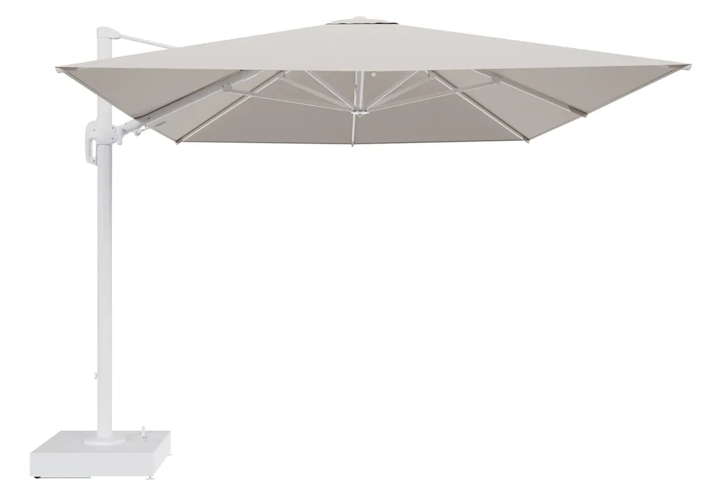 Rufina zweefparasol met tiltfunctie in wit aluminium en Lopi Antique All Weather Sunbrella® Luxe parasoldoek - L1 400 x L2 300 cm met parasolvoet Minore 150 kg met wielen Op = Op