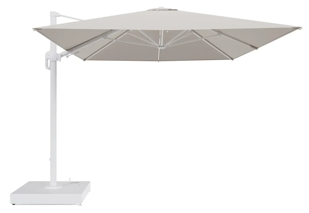 Rufina zweefparasol met tiltfunctie in wit aluminium en Lopi Antique All Weather Sunbrella® Luxe parasoldoek - L1 400 x L2 300 cm met parasolvoet Minore 260 kg met wielen Weekendaanbieding