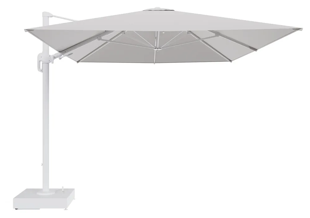 Laatste Kans Rufina zweefparasol met tiltfunctie in wit aluminium en Savane Whisper All Weather Sunbrella® Luxe parasoldoek - L1 400 x L2 300 cm met parasolvoet Minore 150 kg met wielen