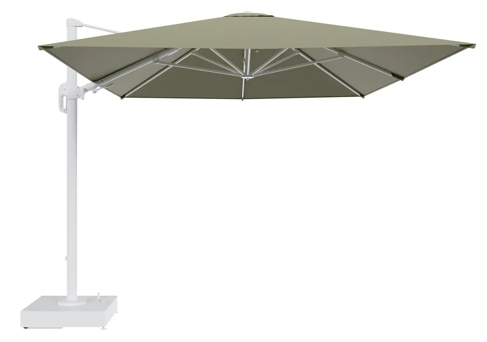 Rufina zweefparasol met tiltfunctie in wit aluminium en Heritage Leaf All Weather Sunbrella® Luxe parasoldoek - L1 400 x L2 300 cm met parasolvoet Minore 150 kg met wielen Beperkte Voorraad