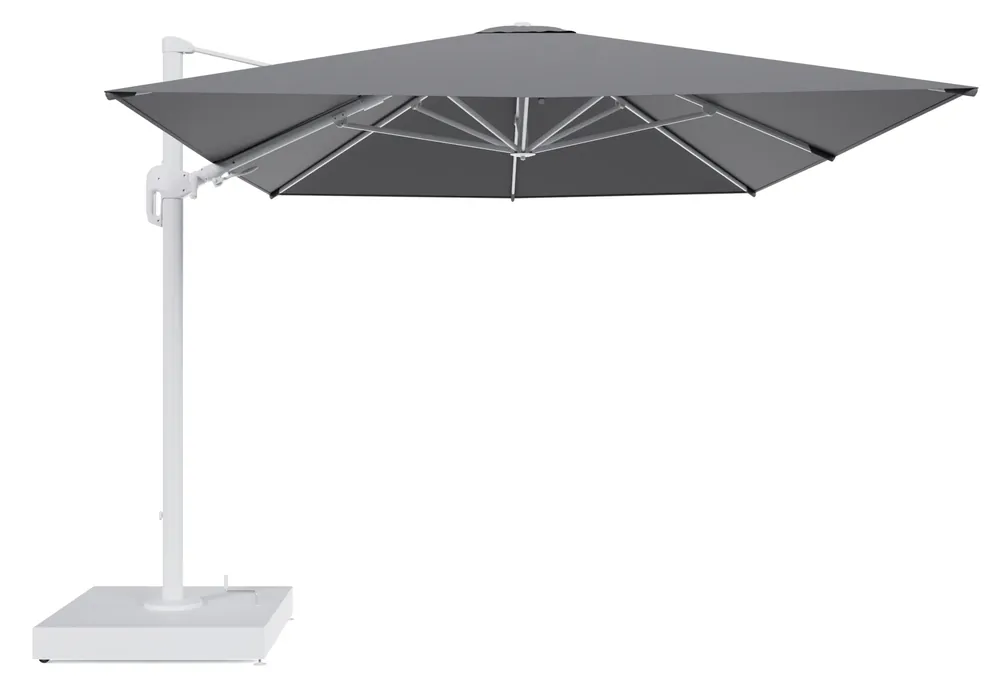 Rechtstreeks Van De Fabrikant Rufina zweefparasol met tiltfunctie in wit aluminium en Heritage Slate All Weather Sunbrella® Luxe parasoldoek - L1 400 x L2 300 cm met parasolvoet Minore 260 kg met wielen