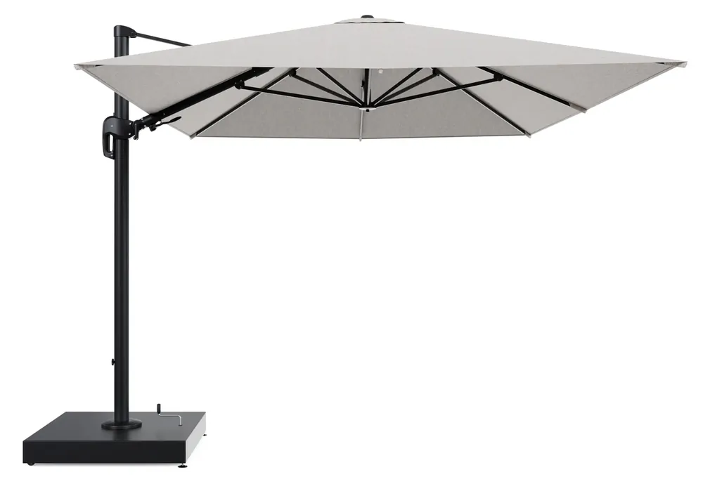 Rufina zweefparasol met tiltfunctie in zwart aluminium en Tundra Sand All Weather Sunbrella® Luxe parasoldoek - L1 400 x L2 300 cm met parasolvoet Minore 260 kg met wielen Laatste Kans