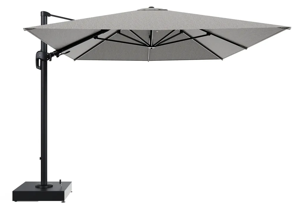 Meest Verkocht Rufina zweefparasol met tiltfunctie in zwart aluminium en Tundra Pepper All Weather Sunbrella® Luxe parasoldoek - L1 400 x L2 300 cm met parasolvoet Minore 150 kg met wielen