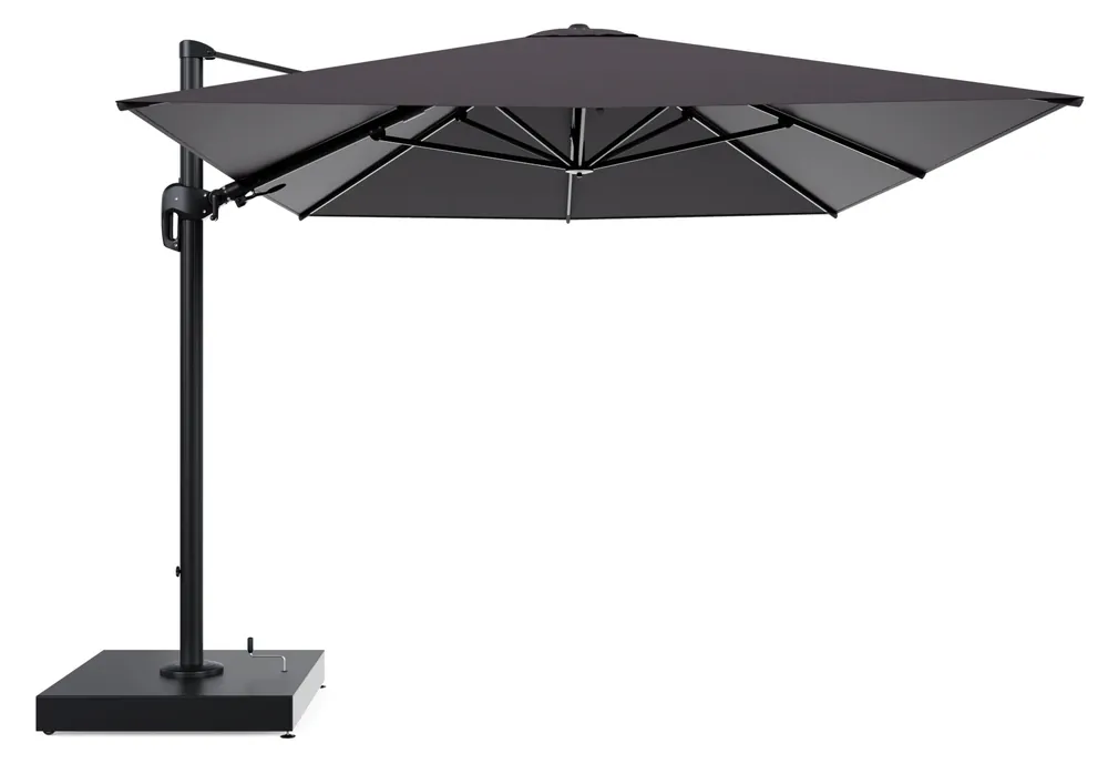 Hoge Kwaliteit Rufina zweefparasol met tiltfunctie in zwart aluminium en Tundra Red All Weather Sunbrella® Luxe parasoldoek - L1 400 x L2 300 cm met parasolvoet Minore 260 kg met wielen
