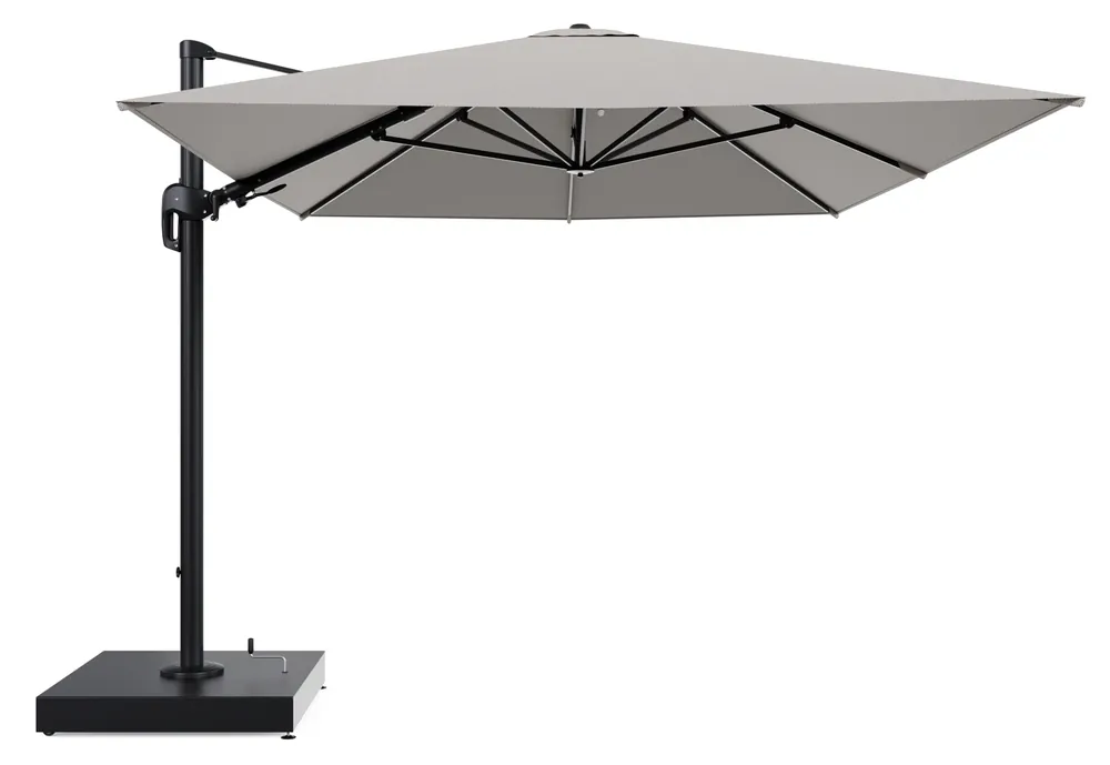Flitsaanbieding Rufina zweefparasol met tiltfunctie in zwart aluminium en Lopi Fossil All Weather Sunbrella® Luxe parasoldoek - L1 400 x L2 300 cm met parasolvoet Minore 260 kg met wielen