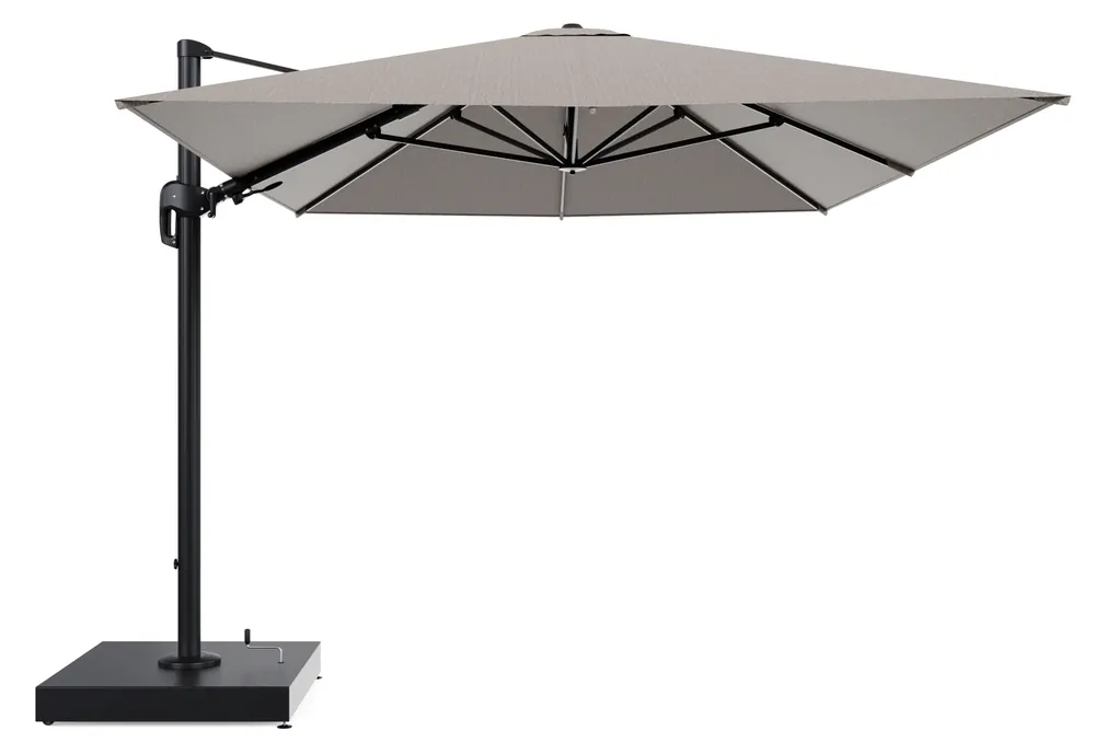 Betrouwbaar Rufina zweefparasol met tiltfunctie in zwart aluminium en Wander Manioc All Weather Sunbrella® Luxe parasoldoek - L1 400 x L2 300 cm met parasolvoet Minore 260 kg met wielen