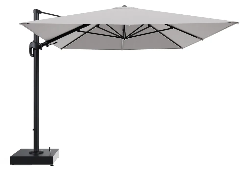 Rufina zweefparasol met tiltfunctie in zwart aluminium en Wander Gobi All Weather Sunbrella® Luxe parasoldoek - L1 400 x L2 300 cm met parasolvoet Minore 150 kg met wielen Weekendaanbieding