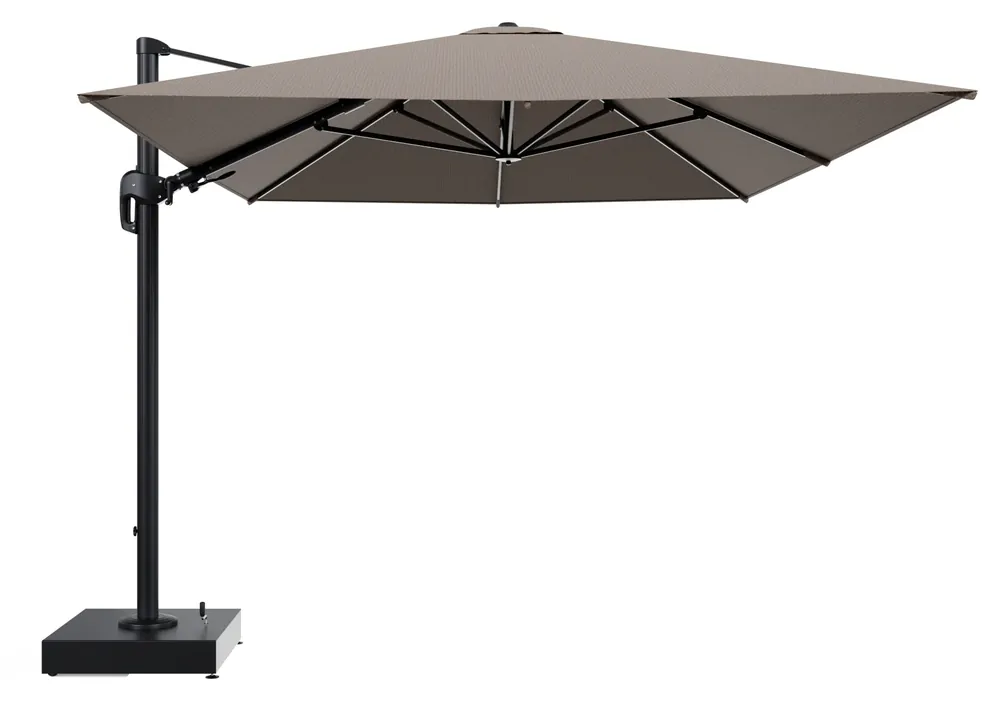 Rufina zweefparasol met tiltfunctie in zwart aluminium en Firenze Bamboe All Weather Solica parasoldoek - L1 400 x L2 300 cm met parasolvoet Minore 150 kg met wielen Direct Verzonden